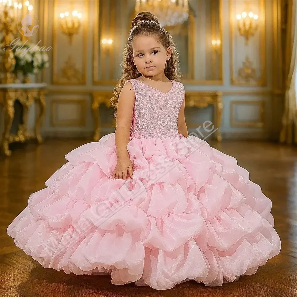 Witte pluizige bloemenmeisjesjurk voor bruiloft gelaagde baby kindergastheer schoonheidswedstrijd verjaardagsfeestje eerste communie