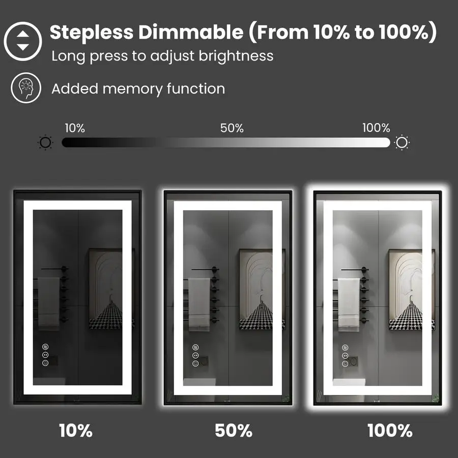 مرآة حمام LED مقاس 20 × 28 بإطار أسود وإضاءة أمامية وإضاءة خلفية، قابلة للتعتيم بدون خطوات، مضادة للضباب، مقاومة للكسر، ذاكرة، 3 ألوان