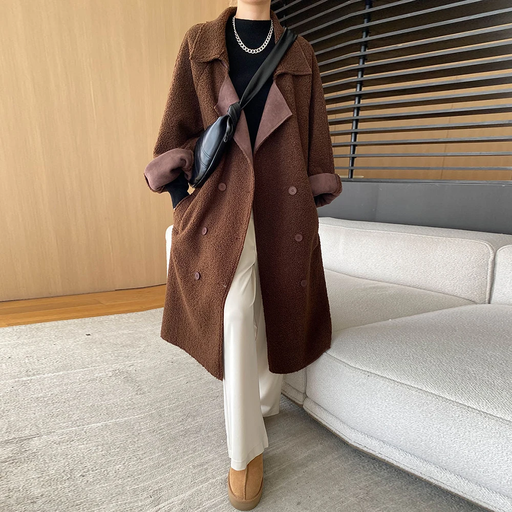 TWOTWINSTYLE Solid Loose Warm Overcoat For Women Notched Collar Long Sleeve Patchwork Lace Up Minimalist Trench Female Fashion