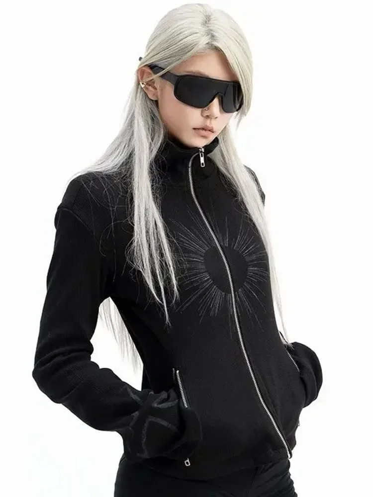 

Stand Collar T-shirt Hooded Sweatshirt Black Jacket Zip Hoodie Chaquetas Para Mujer Women Slim High Autumn Spring New