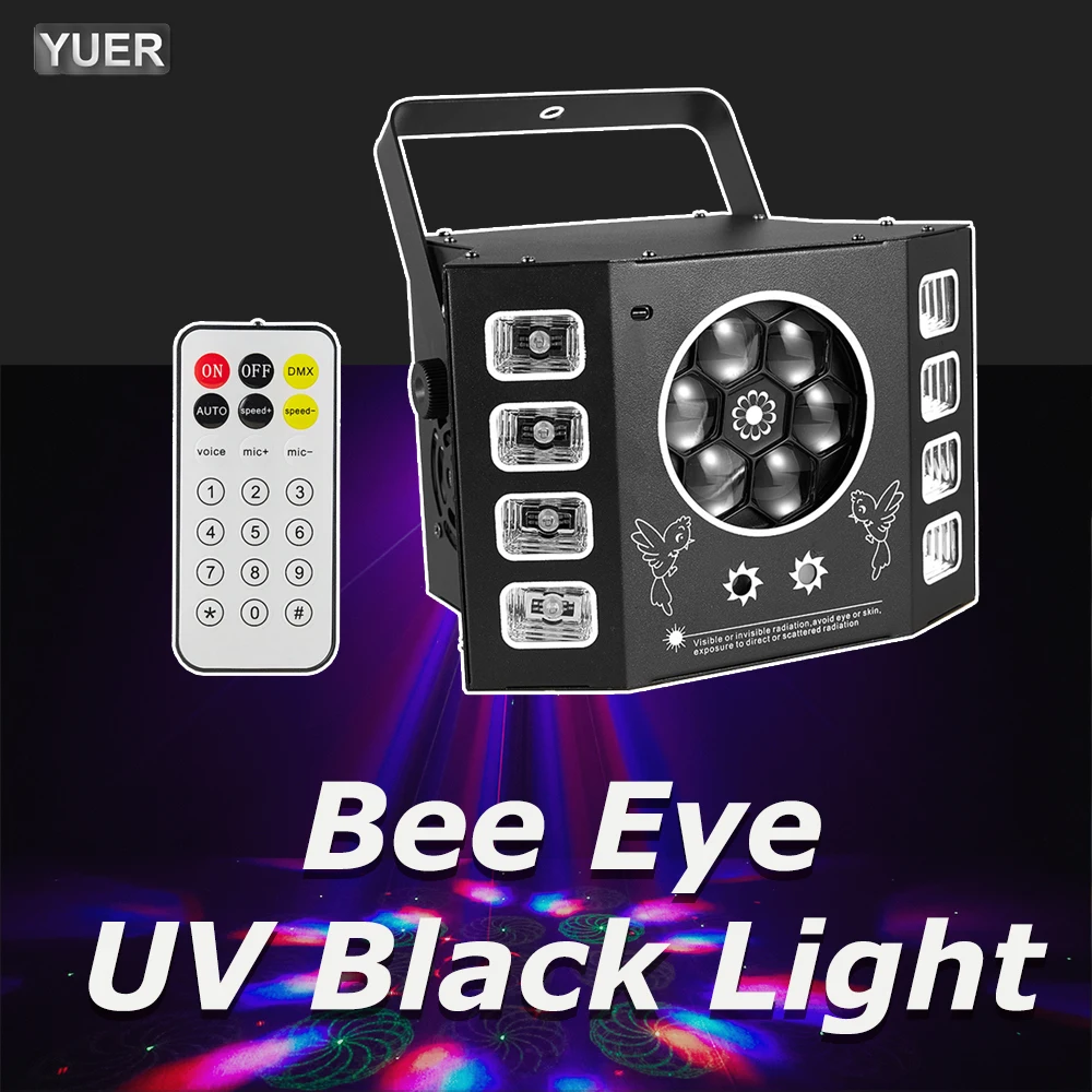 Черный стробоскоп YUER Bee Eye, УФ-лампа, стробоскоп для диджея, лампа 4 в 1 со сценическим лазерным эффектом, освещение для свадьбы, праздника, мероприятия, звуковой активации