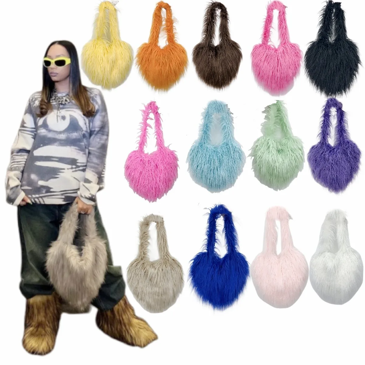 Custom Handbags Bags Zippered Tote bag Faux Fur Winter Women\'s Handbag Cute Plush Women\'s Heart-Shaped Bag