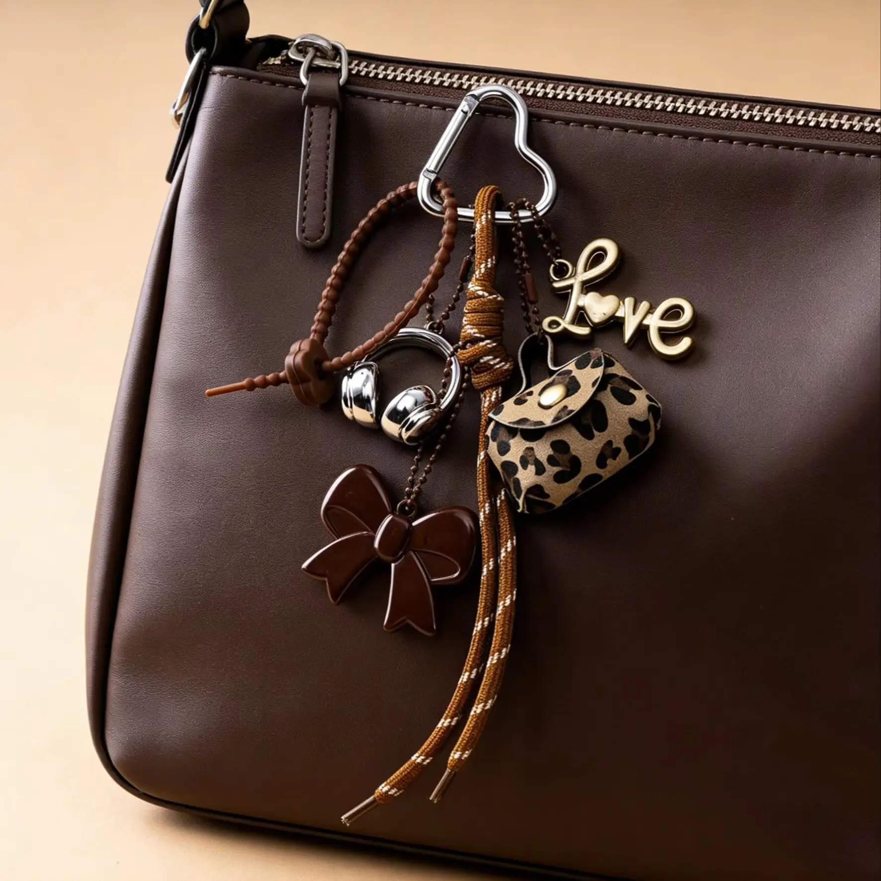 Mini sac porte-clés imprimé léopard avec breloque lettre d'amour et nœud, pendentif de sac à pompon, accessoires pour femme, décoration de sac à main, cadeau