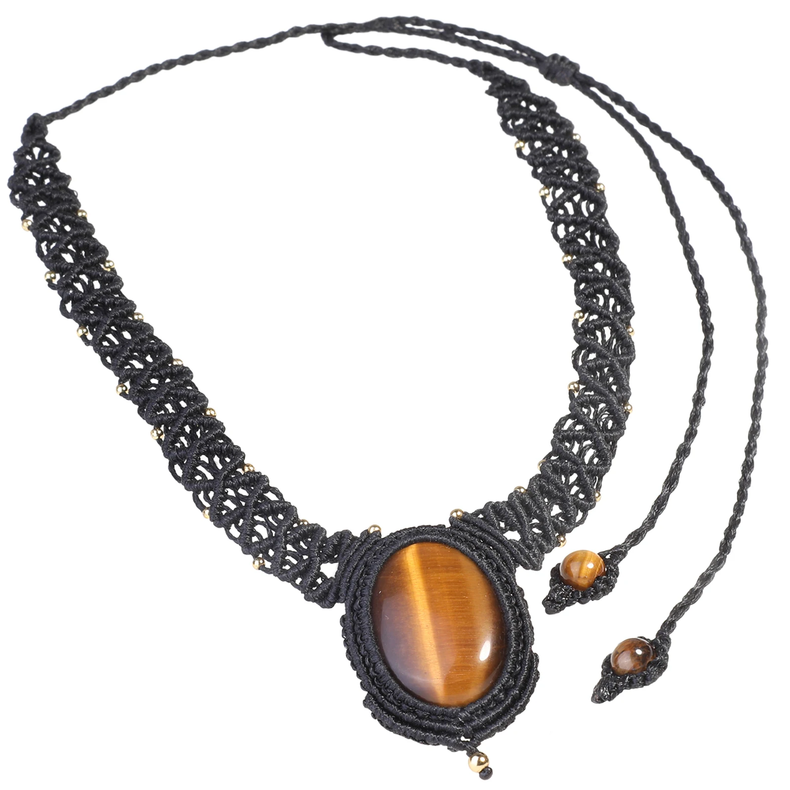 Natural Crystal Stone Collar Choker Adjustable Black Nylon Braided Oval Pendant Necklace Luxury Jewelry For Women