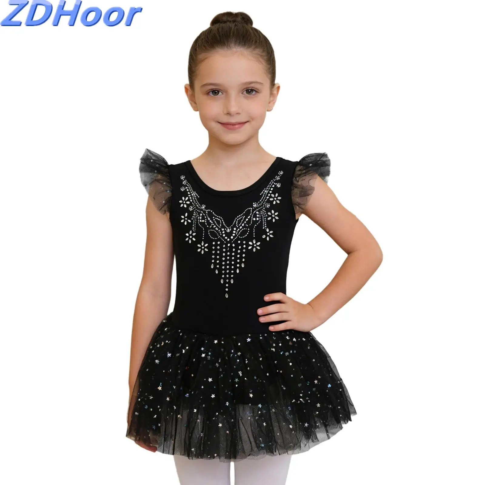 

Kids Girls Bodice Ballet Dance Tulle Dresses Ruffle Sleeves Bow Back Shiny Rhinestones Sequins Dress with Built-in Briefs