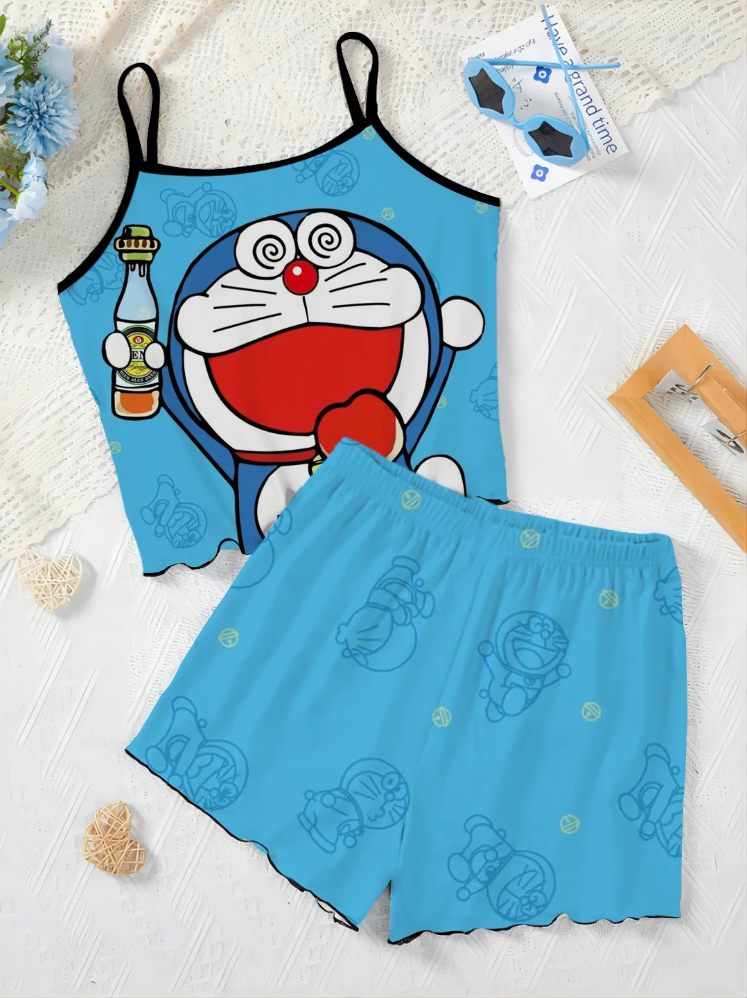 Elegant Women's Sets Slip Dress Vacation Outfits Woman 2024 T-shirt Doraemon Pajama Skirt Top Lettuce Trim Pieces Short Suit Top