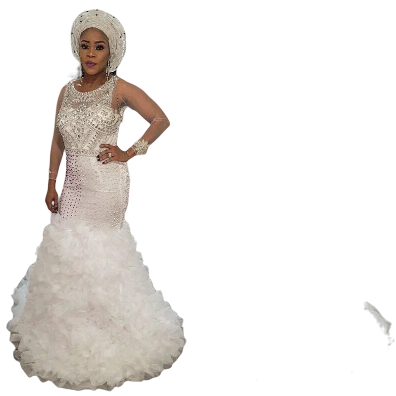 

Customized New African Nigeria Mermaid Wedding Dresses Plus Size Jewel Neck Crystal Beaded Organza Ruffles Tiered Formal Brida