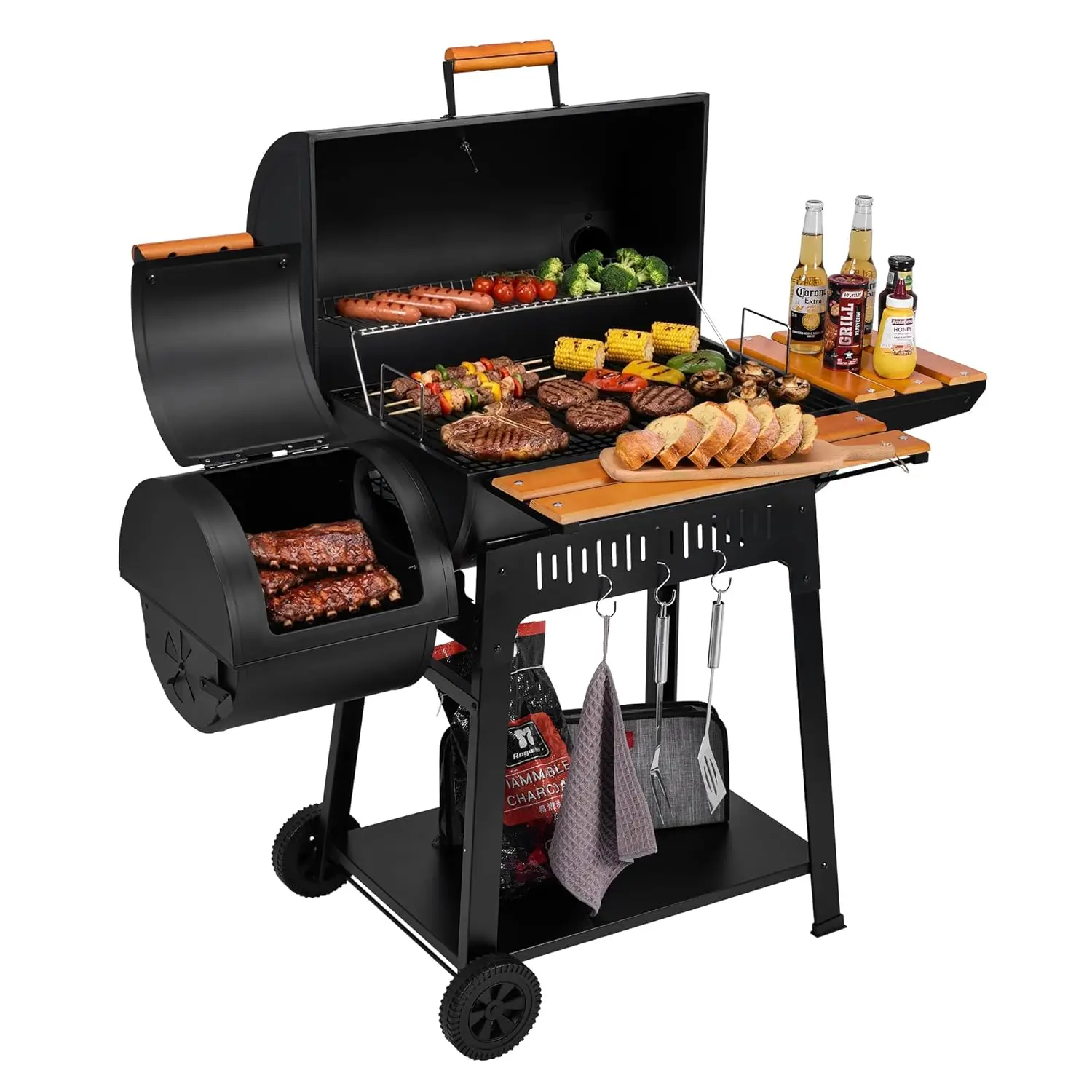 Charcoal Grill Offset Smoker 824 Sq In Wood Storage Shelf Outdoor Backyard BBQ Cooker