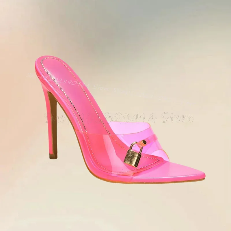 

Lock Decor Rose Red PVC Open Toe Slippers Slip On Women Shoes Thin High Heels New Fashion Party Banquet 2025 Zapatos Para Mujere