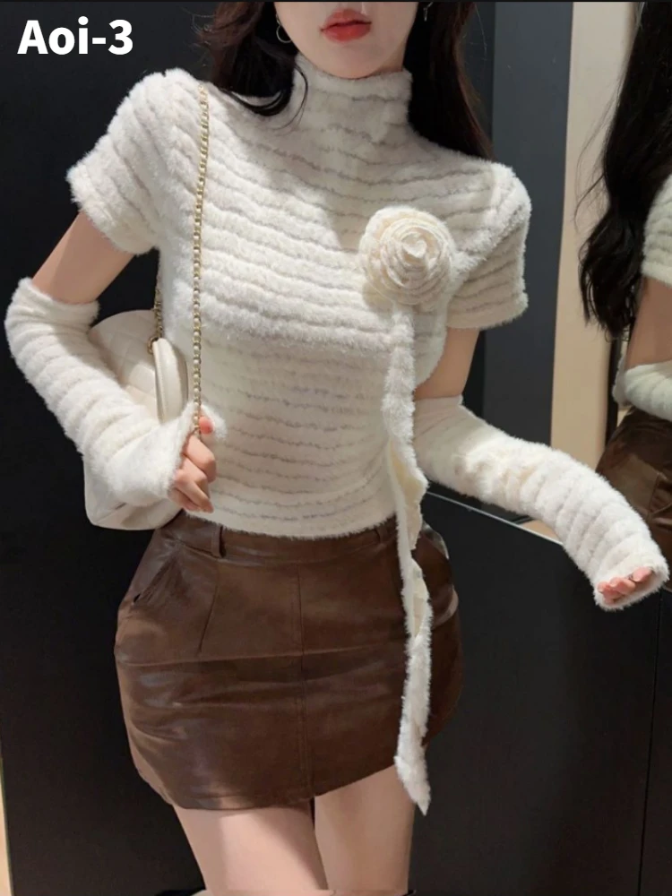 

French Fashion Knitted Sweater Women 2023 Autumn Winter Flower High Collar Slim-Fit Short Top Plush Detachable Sleeve Base Shirt