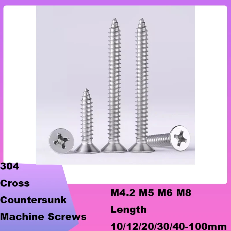304 Stainless Steel M4.2 M5 M6 M8 Cross Bolts Flat Head Phillips Countersunk Machine Screws Length 10/12/20/30/40-100mm