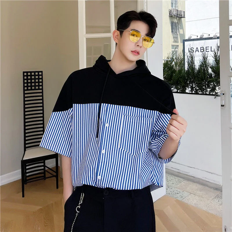 

Fashion Korean Patchwork Sweatshirts Style Short Sleeve Pullovers Shirts 2022 New Summer Blue Striped Oversized Tops 2Y8222