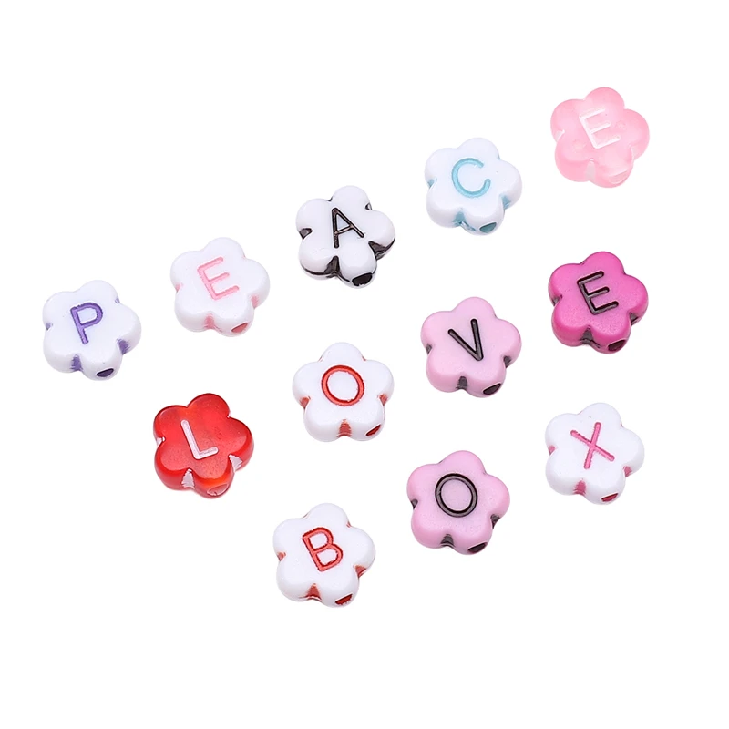 100pcs 10mm Mix Color Acrylic Plum Blossom Flower Beads with Letter Charm for Earring Bracelet Necklace DIY Jewelry Craft Making