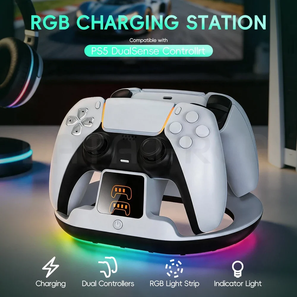 DATA FROG for PS5 Controller Charging Station, Accessory Kit Compatible with PlayStation 5 DualSense, LED Display, RGB Gift view 3