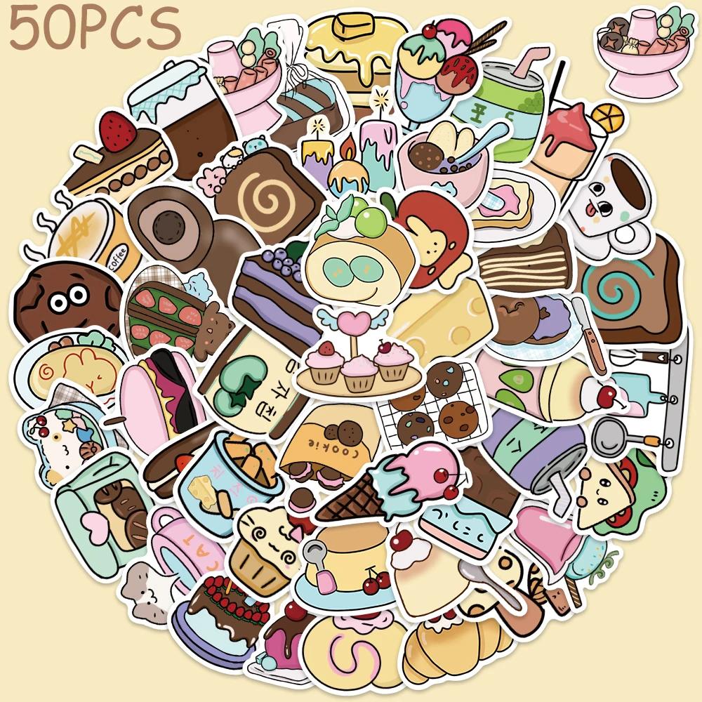 

50pcs Food Shop Cake Ice-Cream Stickers Cartoon Aesthetic Decals For Phone Laptop Luggage Skateboard Guitar Waterproof Stickers