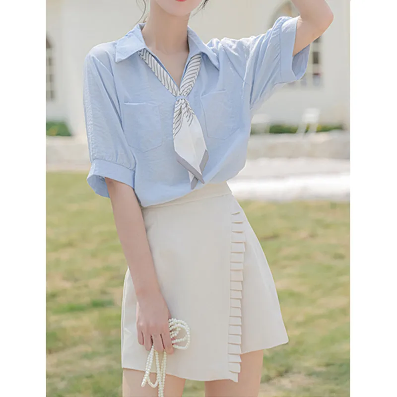 

Рубашки с коротким рукавом, женские однотонные рубашки с круглым вырезом, осенний топ с круглыми рукавами Semir, небольшой вдохновленный пышный спортивный вертикальный кардиган