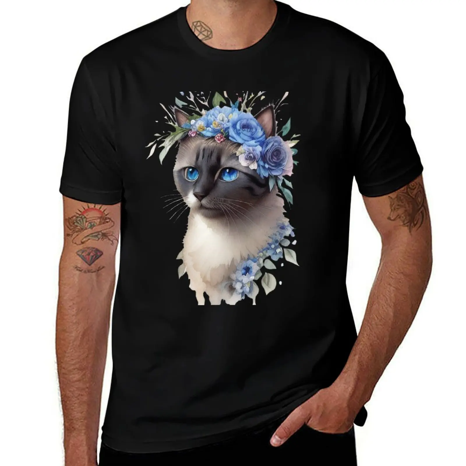 Cat with blue flower wreath T-Shirt Modern Print Casual T-Shirt