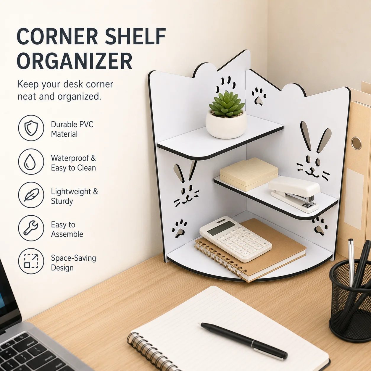 Rabbit‑Shaped Corner Desk Organizer, Multi‑Tier Desktop Storage Shelf, Office File & Supplies Holder for Workspace