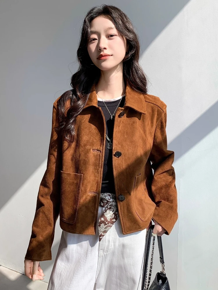 แจ็คเก็ตหนังแท้สไตล์วินเทจสำหรับผู้หญิง ฤดูใบไม้ร่วง ฤดูหนาว 2025 รุ่นใหม่ ระดับไฮเอนด์ เรียบง่าย สบายๆ ทำจากหนังแพะแท้
