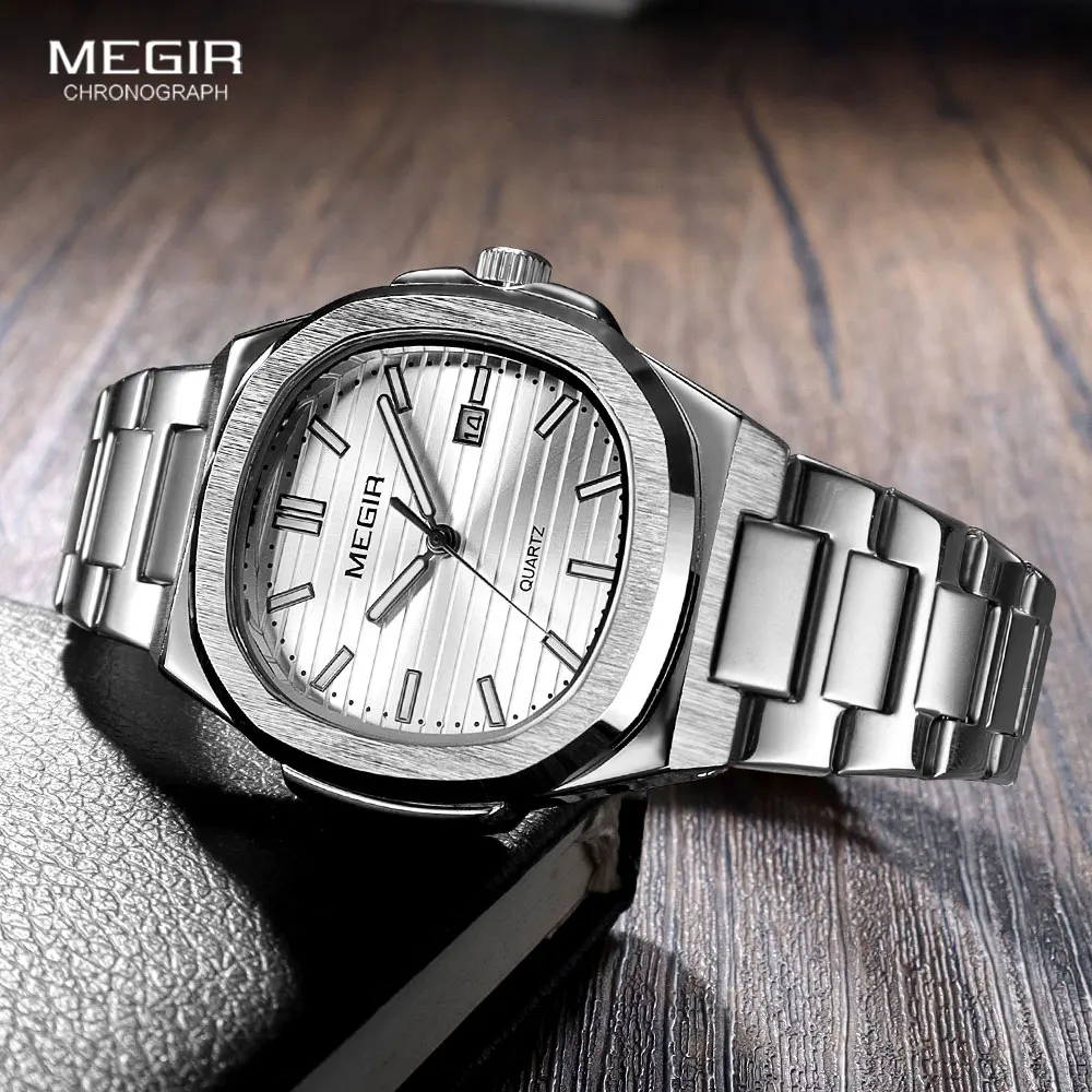 MEGIR Classic Dress Quartz Watch for Men Fashion Waterproof Wristwatch with Luminous Hands Stainless Steel Strap Oval Dial Date