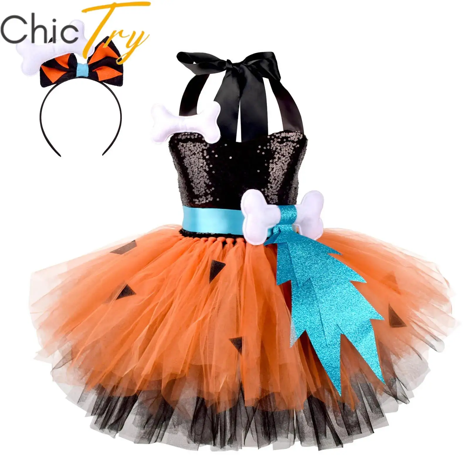 

Kids Girls Cave Cosplay Costume Halloween Carnival Cavegirl Sequins Tutu Dress Halter Neck 3D Bone Puffy Skirt with Headwear