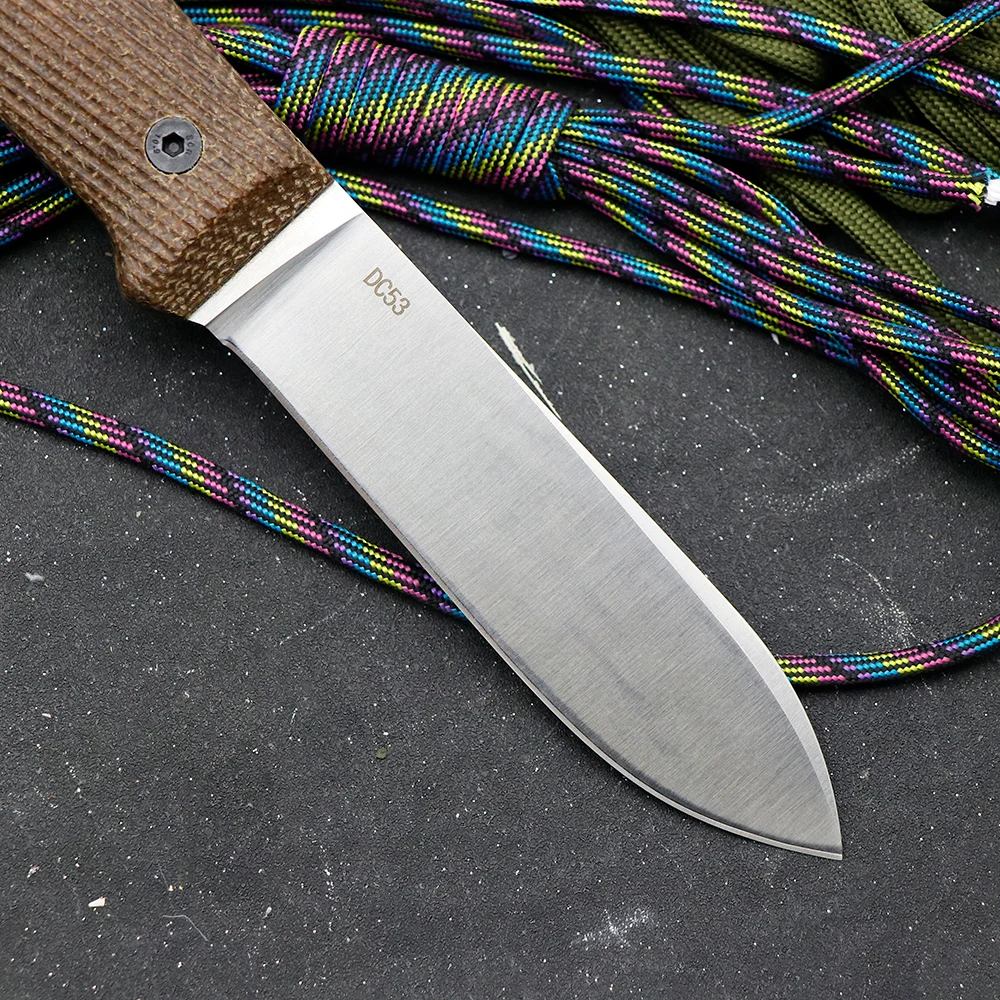 Cuchillo fijo con mango de lino y acero DC53, cuchillo recto para caza en la jungla al aire libre, herramienta de bolsillo portátil para supervivencia y acampada