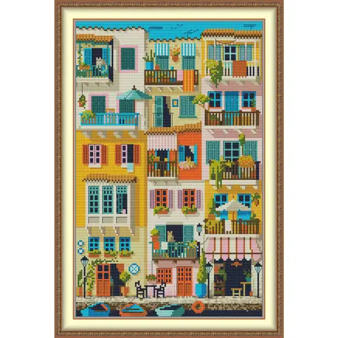 Soulgift News Pre-Printed Cross Stitch Kit, Stamped Aida Fabric with DMC Threads, Embroidery Kit - Colorful Apartments
