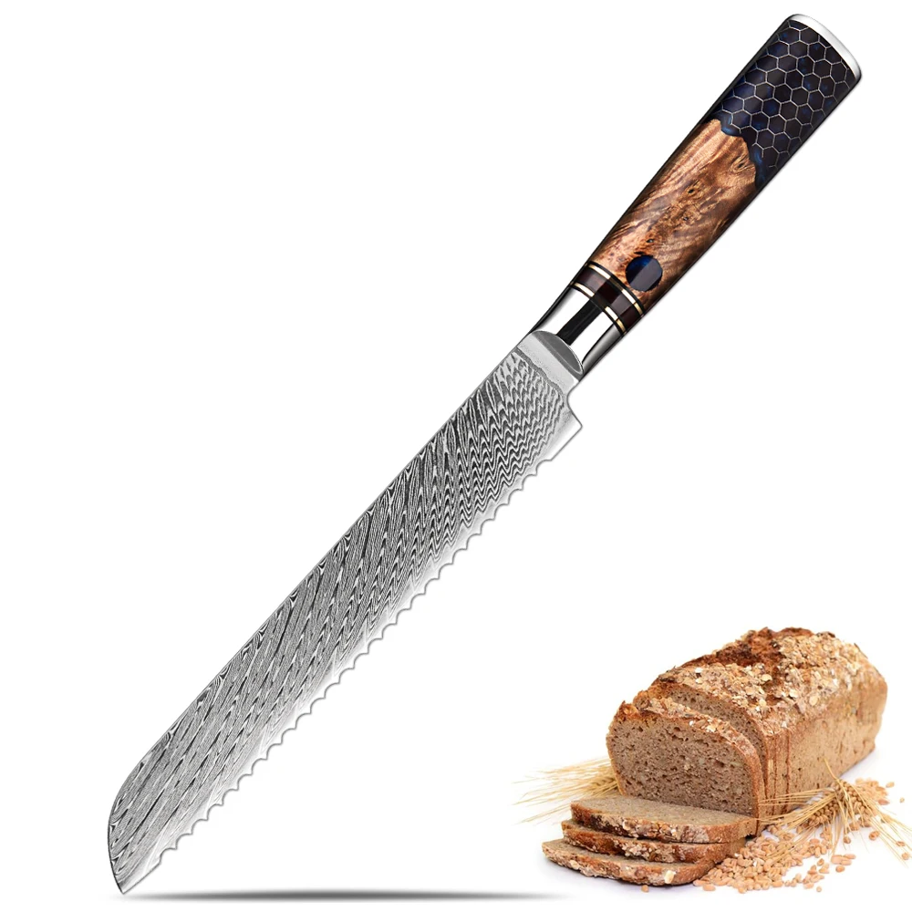 

Damascus Steel 8 Inch Bread Knife Professional Kitchen Toast Slicing Knife Honeycomb Blue Resin Handle Serrated Knife Cake Knife