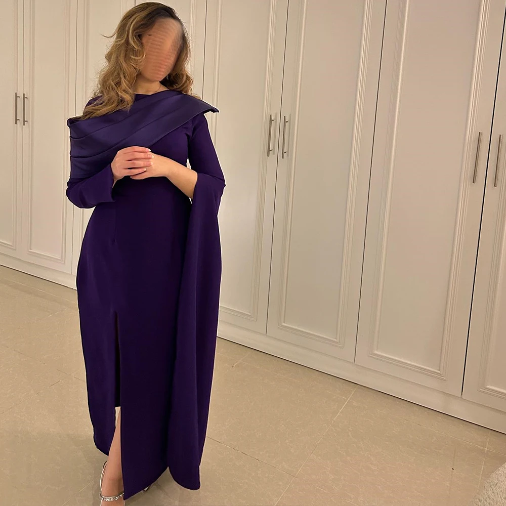 

Dark Purple Jersey Classic Evening Dress Pleats Simple Long Sleeves Crew neck Floor Length Straight Bespoke Occasion Gowns