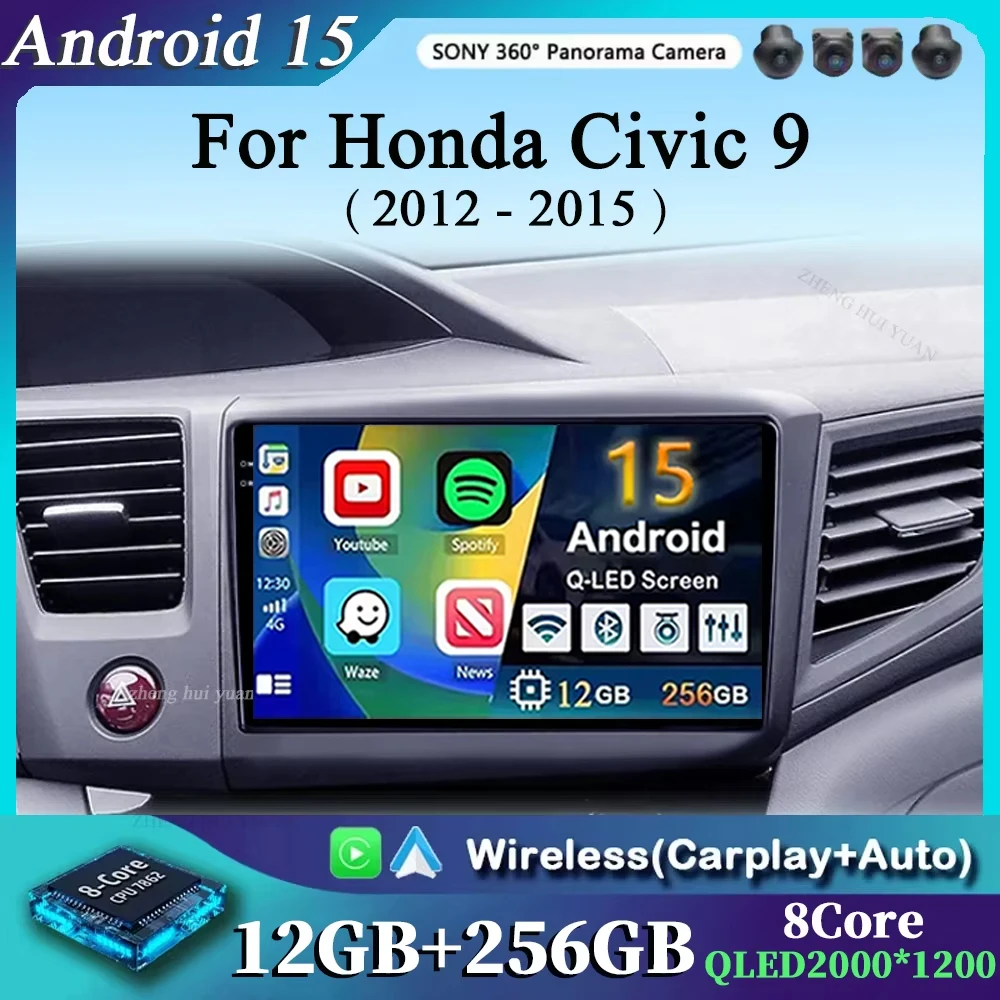 

Для Honda Civic 9 2012 2013 2014 2015 Carplay Auto Android 15 Автомобильный радиоприемник Мультимедийный видеоплеер Навигация без 2Din 2 Din WiFi 4G