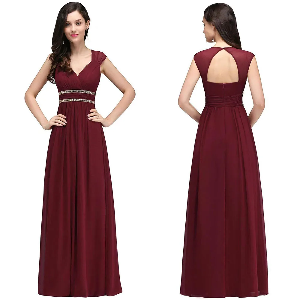 

High Quality Customized V-neck Floor Length Backless Sleeveless Beaded Vestidos Elegantes Para Mujer Robes De Soirée Dress فستان