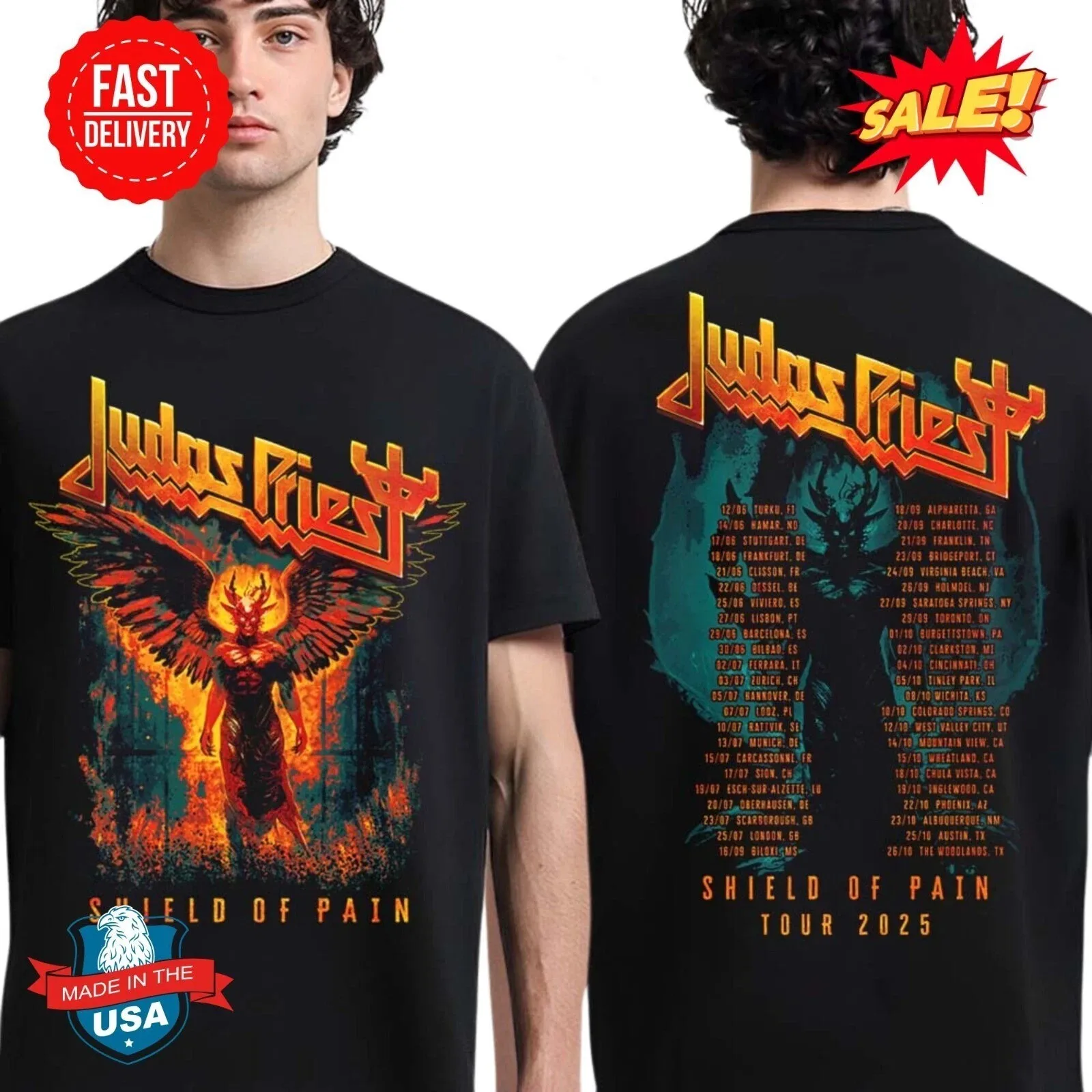 

Judas Priest Shield Of Pain Tour 2025 Winged Demon 100% Cotton T-Shirt