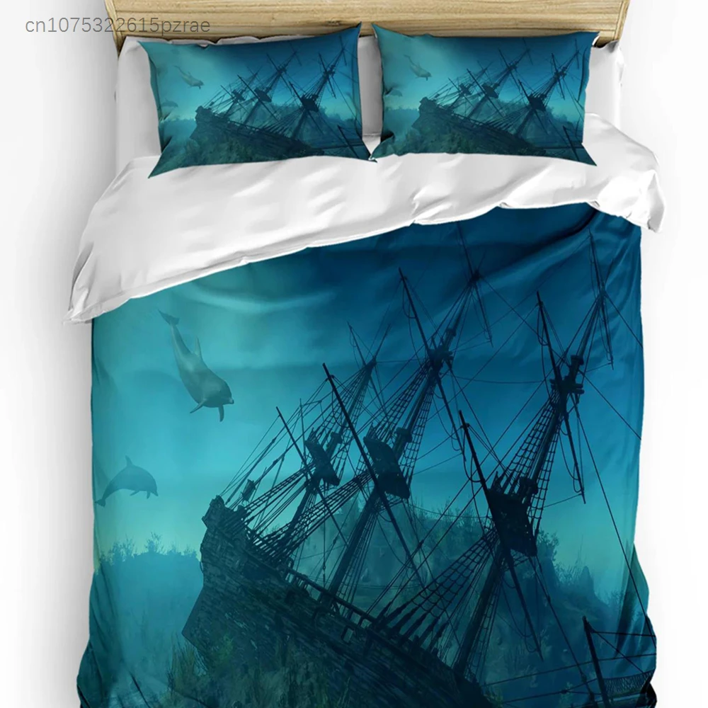 Sinking Ship Underwater Dolphin Bedding Set 3pcs Duvet Cover Pillowcase Kids Adult Quilt Cover Double Bed Set Home Textile