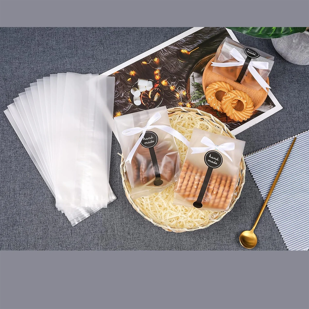 Kekstüten für Geschenke, transparente Cellophan-Beutel für Gastgeschenke, Mini-Loaf, Bundt-Kuchen, heiße Schokolade Verpackung mit Aufklebern – Detail 5