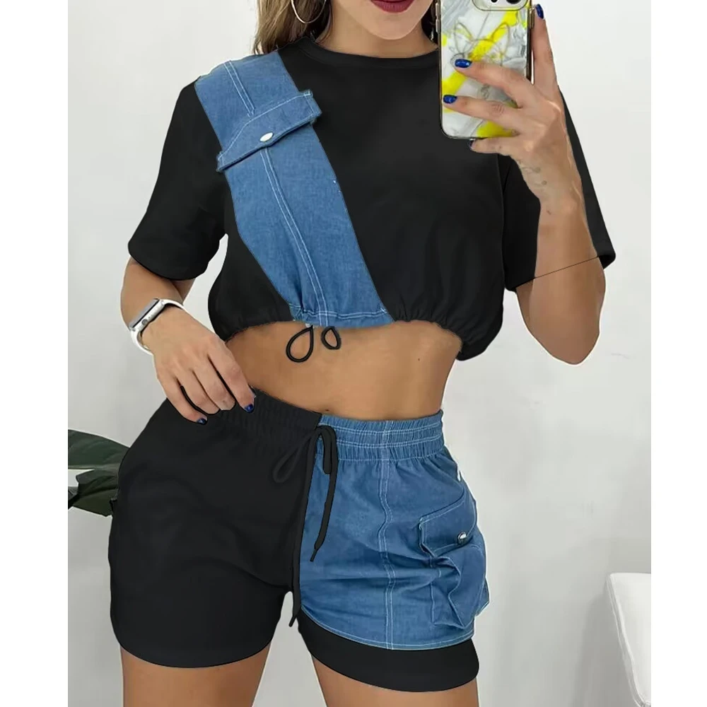 Short Sleeve Top & Drawstring Shorts Set Summer Tshirts Women Faux Denim Stitching Short Denim Patch Casual Shorts Sets