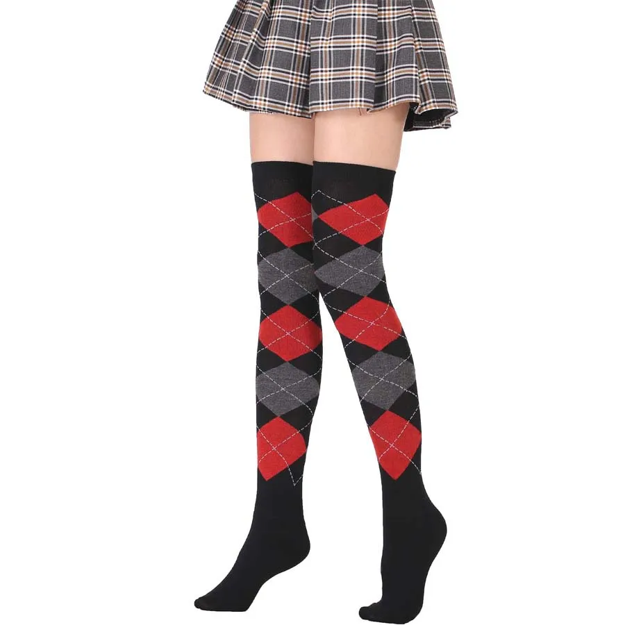 Newly Diamond Check Women's Stockings Cotton Stripe Lengthened Female Over The Knee Socks Thigh High Long Socks Sexy Stockings