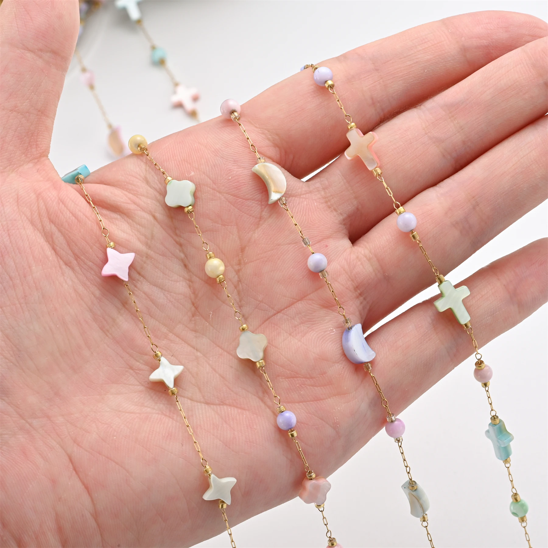 

Colorful Shell Star/Moon/Cross/Flower Beaded Stainless Steel Chains for Women DIY Jewelry Necklaces Bracelets Earrings Supplies