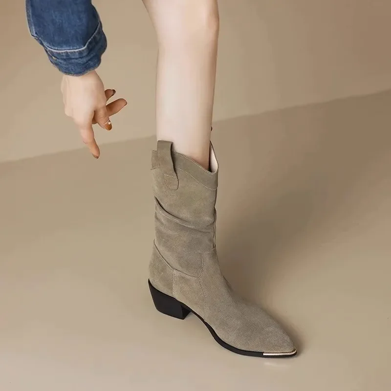 New Style Fashion Winter Classic Boots for Woman Cow Suede Pointy Toe Wedge Heel Ankle Boots Simple Comfort Cowboy Boots Female