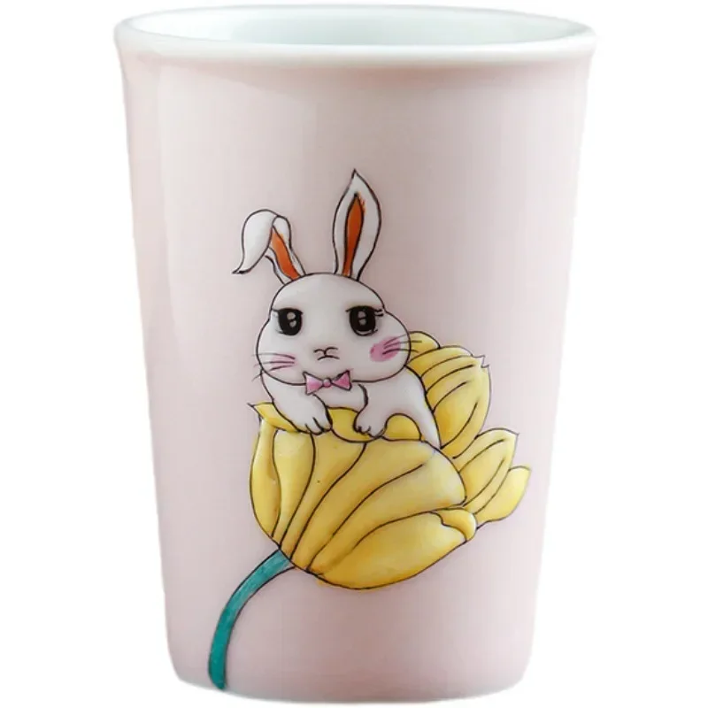 Yuexi Yaji pure hand-painted small fresh tulip white rabbit pink teacup Jingdezhen ceramic pair of cups Kung Fu tea set
