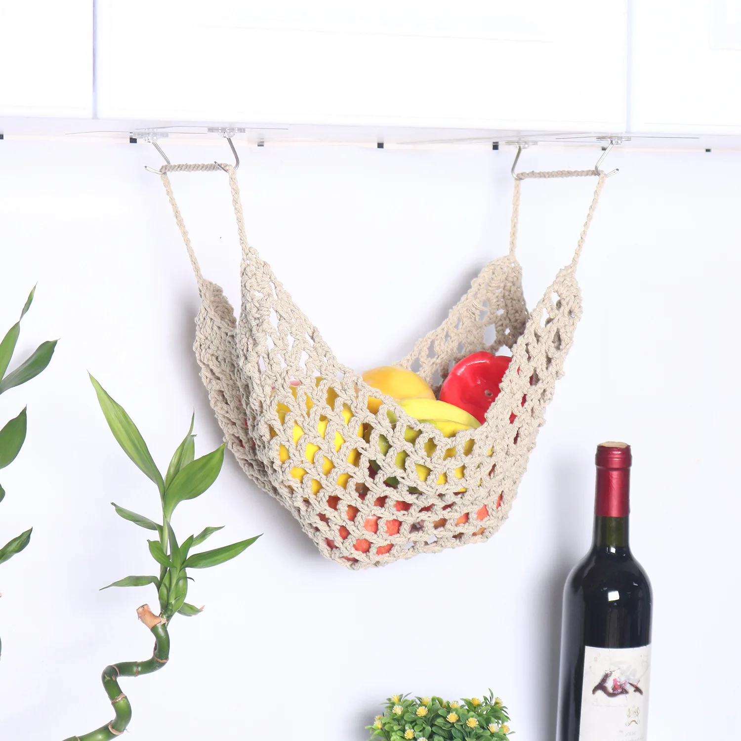 Macrame Hanging Fruit Storage Basket, Handwoven Cotton Wall Mesh Organizer for Kitchen Vegetable Produce Storage