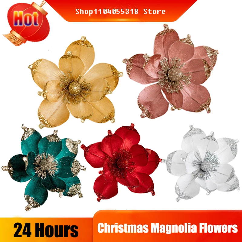 Glitter Christmas Magnolia Flowers Artificial Poinsettia Flower Head Xmas Tree Ornament Xmas Home Decoration Navidad new year