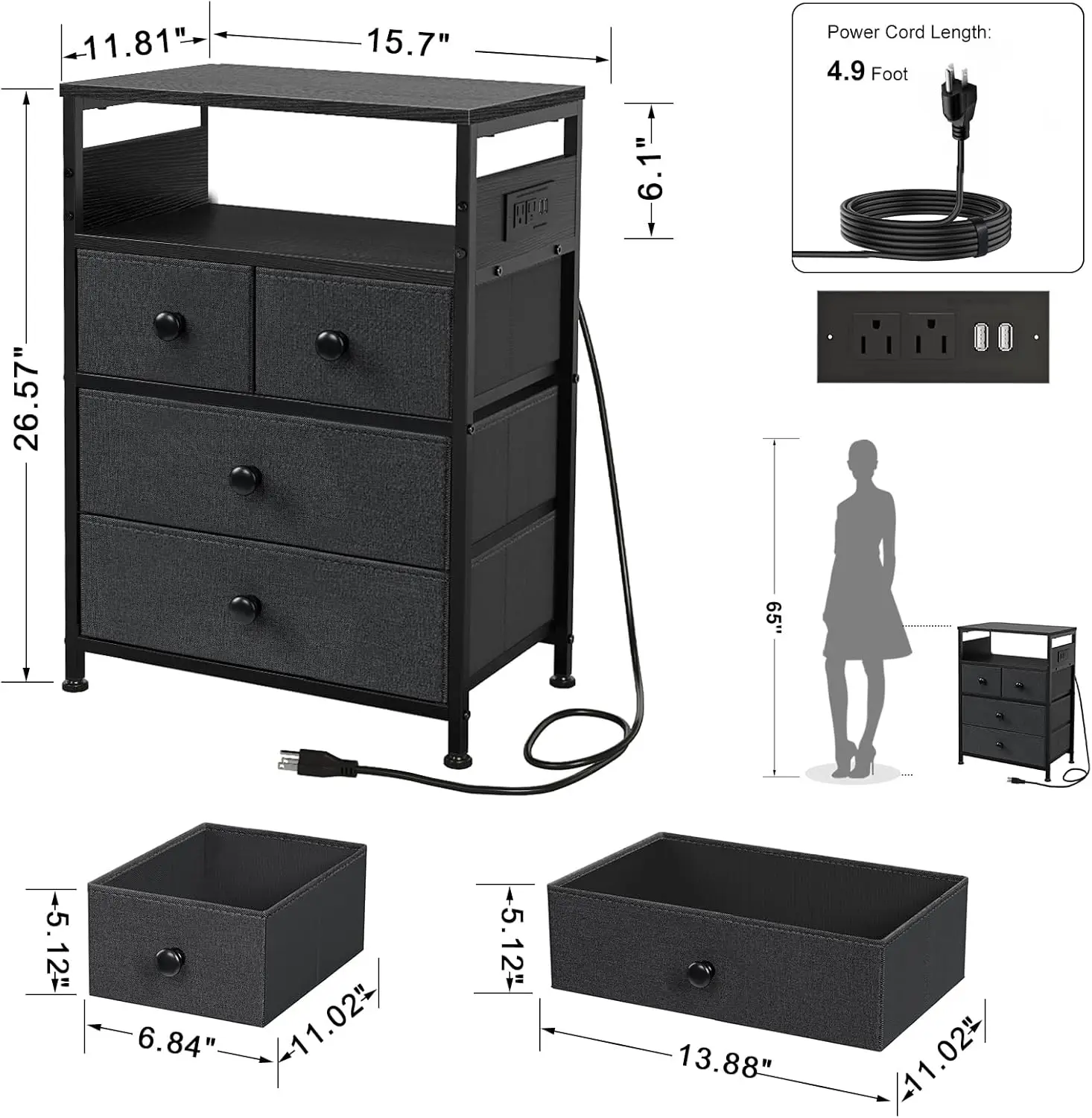 

Reahome Nightstand With Charging Station And Led Light, Tall Brown Night Stand With 4 Drawers And 2-Tier Shelf, Modern End
