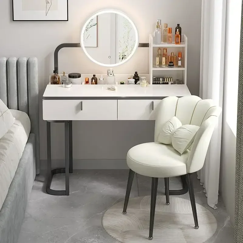 Modern Vanity Set with Lighted Mirror Stool, Large Makeup Vanity Desk Dressing Table with LED Lights, 2 Drawers, Storage Shelves