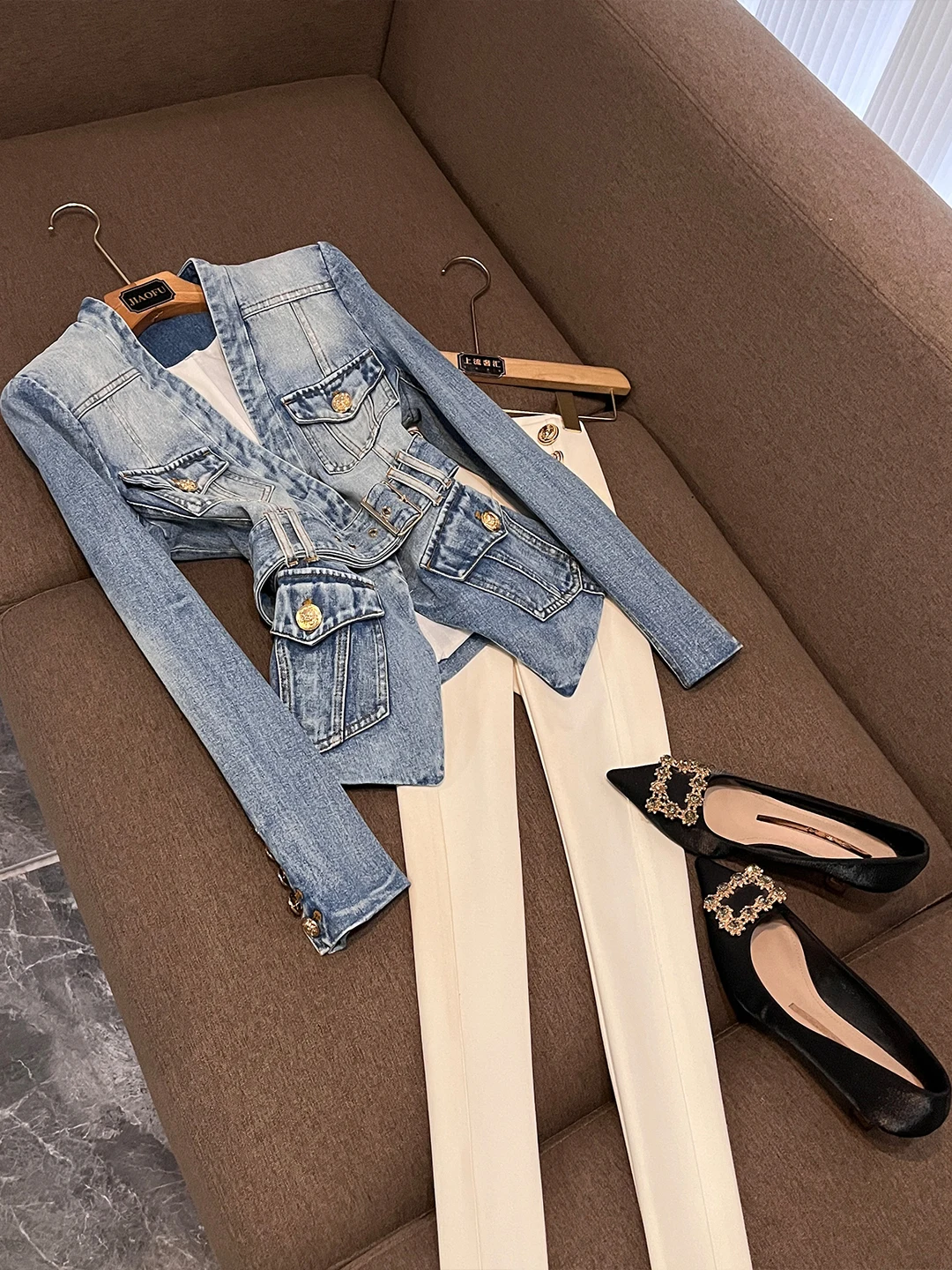 

Приталенный джинсовый джинсовый жилет с поясом, женский деловой костюм, верхняя одежда, ранняя зима, новая мода AK50