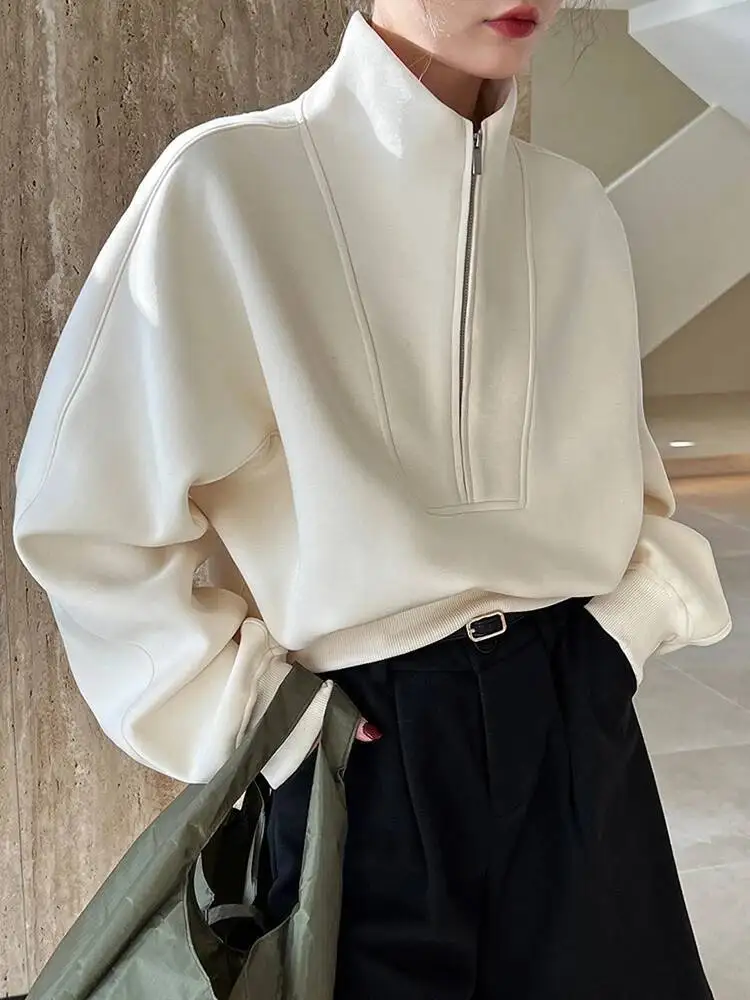 

Elegant Gray Green Shaped Sweatshirt New Stand Collar Long Sleeve Women Big Size Fashion Spring Autumn 2026 1DHZ6
