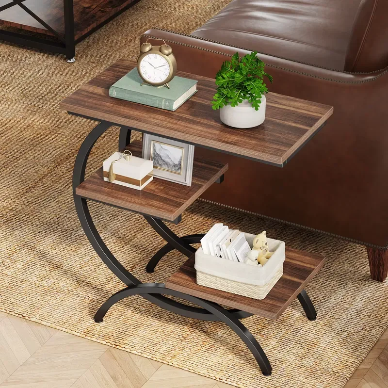 C Shaped End Table, Small Side Table for Couch, Industrial 3-Tier Couch Table, Wood Bedside Table, C Side Table for Small
