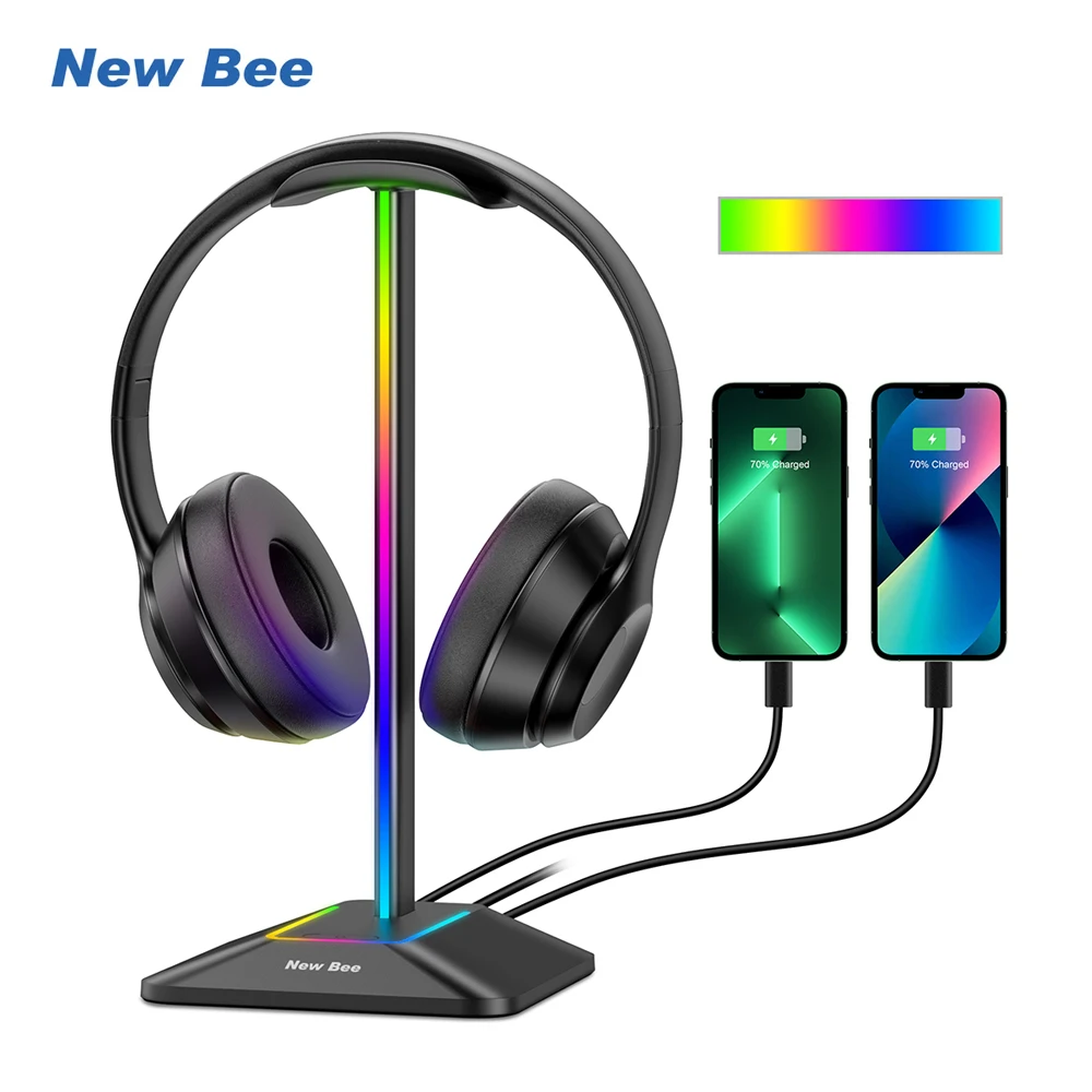 New Bee Z8 RGB Headphones Stand Holder with 2 USB Ports Desk Gaming Headset Cool Display Holder Non-Slip Rubber Base for Gamer