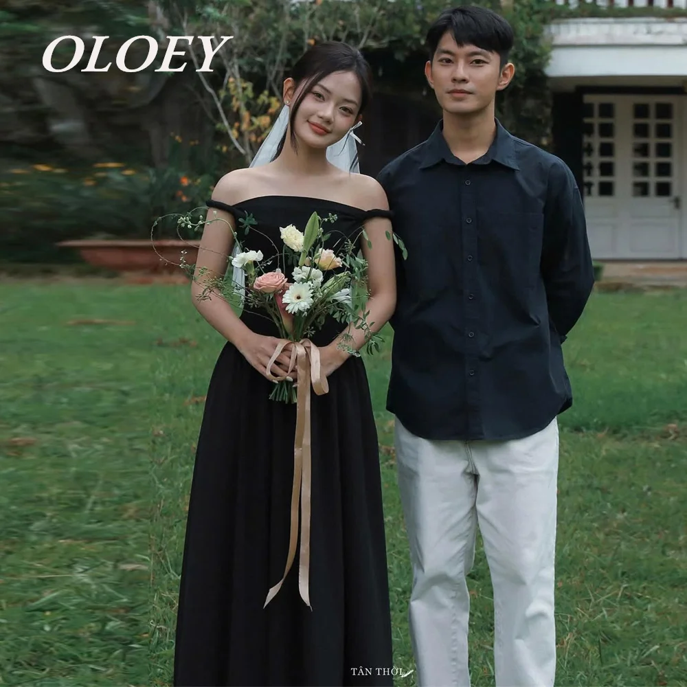 

OLOEY Simple Black A Line Prom Dresses Korea Wedding Photoshoot Floor Length A Line Evening Paty Gown Customized Off Shoulder