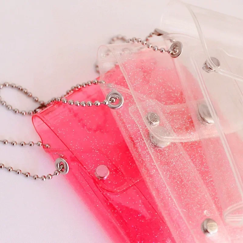 PVC Simple Transparent Snap Card Bag Girls Lipstick Cosmetic Pouch Coin Purse Bank Credit Card Holder Key Chain Backpack Pendant