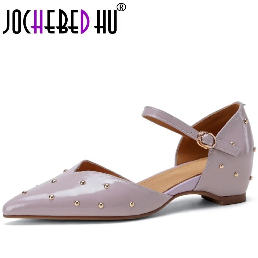 JOCHEBED HUWomen Handmade Genuine Leather Soft and comfortable Pointed Toe Strange Heel Rivet Shallow Buckle Strap Shoes